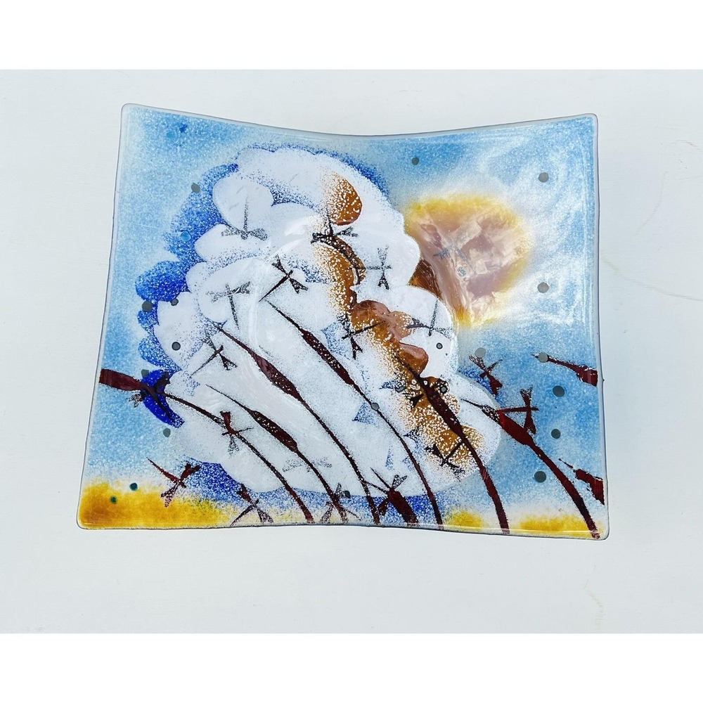 Abstract Fused Glass Square Bowl Artisan Landscape Cloud Sun Blue White 11.75"